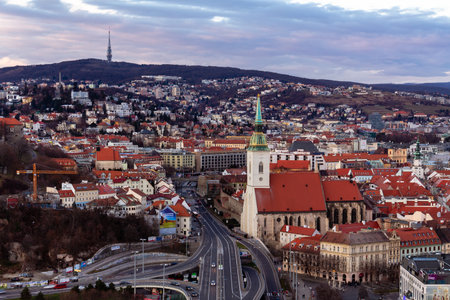 Dec 2011, Bratislava, Slovakia: aerial view of St. Martin at sunset from the tower across the Danube riverのeditorial素材