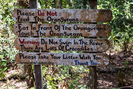 Oct 2017, Tanjung Puting National Park, Borneo, Indonesia: the entry sign of Camp Leakey, the most famous feeding station for orangutans inside the park, warns tourists about crocodiles in the riverのeditorial素材