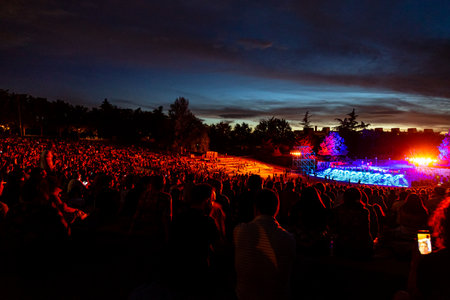 15th May 2019? Madrid, Spain: people waiting for Parque Tierno Galvan for the fireworks show during the San Isidro Festival of Madridのeditorial素材