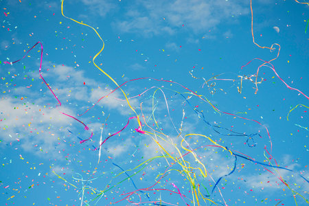 sky in party with confetti and streamersの写真素材