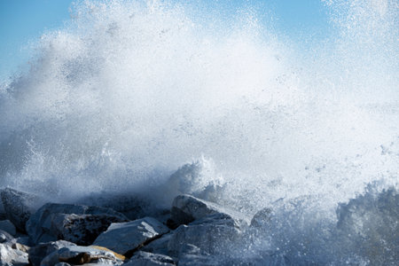 Storm with waves crashing on the rocksの写真素材