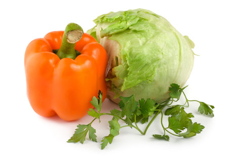Colored fruit vegetable composition isolated on whiteの写真素材