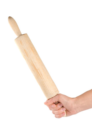 Wooden rolling pin in a human armの写真素材