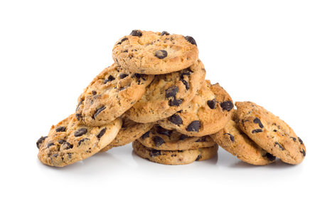 Stack of chocolate chip cookies isolated on a white background.の写真素材