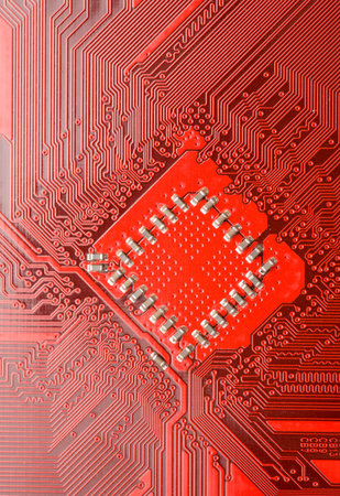 Red circuit board close-up. Electronic backgroundの写真素材