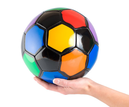 Soccer ball in handの写真素材