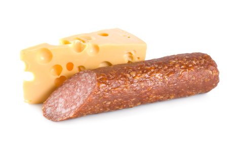 Cheese and smoked sausage isolatedの写真素材