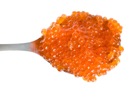 Red caviar in spoon isolatedの写真素材