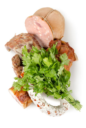 Cooked meat and sausages isolatedの写真素材