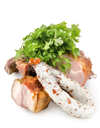 Cooked meat and cooked sausagesの写真素材