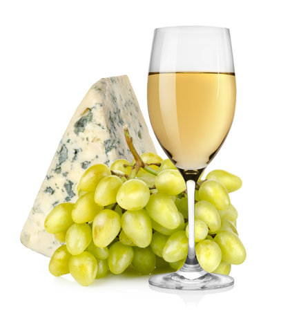 Wineglass cheese and grapes isolatedの写真素材
