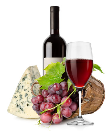 Wine cheese and grape in basketの写真素材