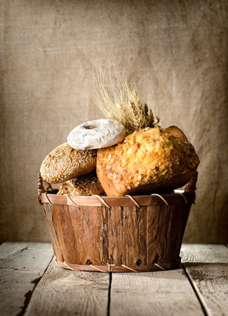 Bread assortment in a basketの写真素材