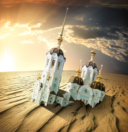 Church in the sands of the desert at sunset. Doomsdayの写真素材