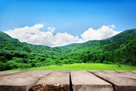 Mountains and wooden floorの写真素材