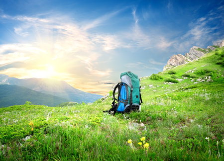 Backpack in mountainsの写真素材