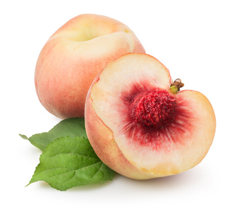 Peaches with green leaves isolated on a white backgroundの写真素材