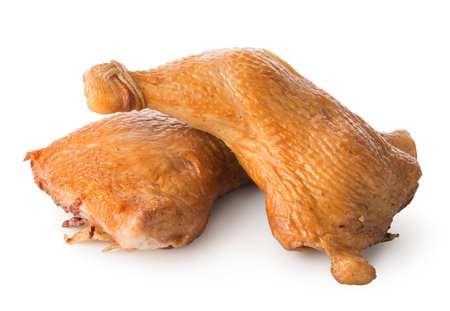 Smoked chicken legs isolated on a white backgroundの写真素材