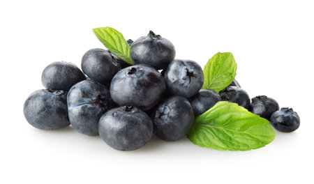Sweet blueberry with green leaves isolated on white の写真素材