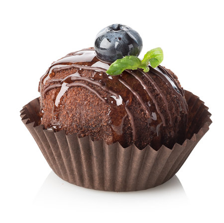 Chocolate cake with blueberry isolated on whiteの写真素材
