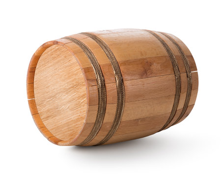 Wooden barrel isolated on a white backgroundの写真素材