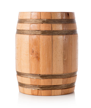 Wooden barrel isolated on a white backgroundの写真素材