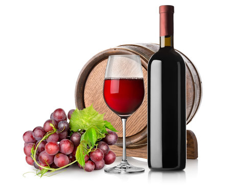 Wine with grape and barrel isolated on whiteの写真素材
