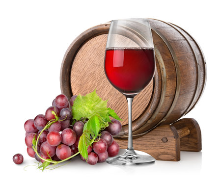 Wineglass with grape and barrel isolated on whiteの写真素材