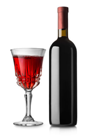 Glass of red wine and bottle isolated on white backgroundの写真素材