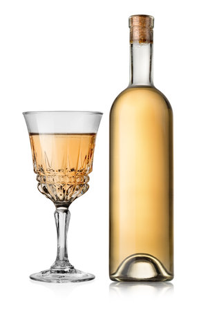 Bottle and glass of wine isolated on white backgroundの写真素材