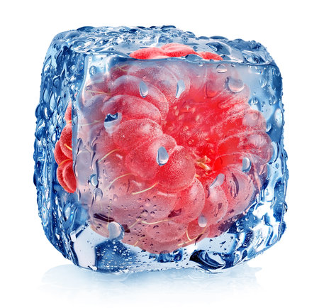 Pink raspberry in ice isolated on whiteの写真素材