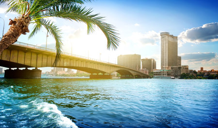 Bridge on the Nile dividing Cairo and Gizaの写真素材