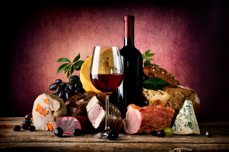 Red wine and different food on a wooden table