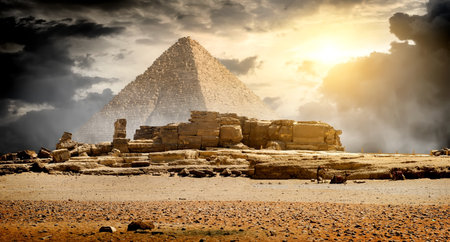 Storm clouds over pyramid of Cheops in Gizaの写真素材