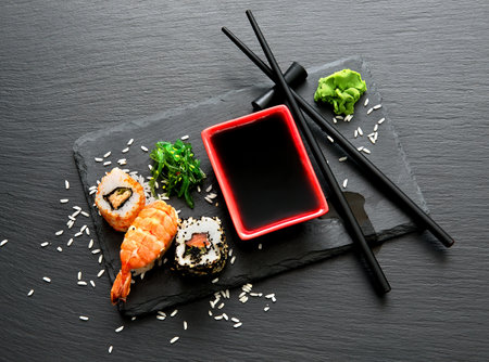 Delicious sushi with soy sauce on slateの写真素材