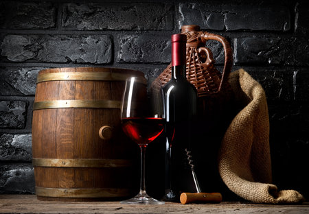 Red wine on a wooden table in cellarの写真素材