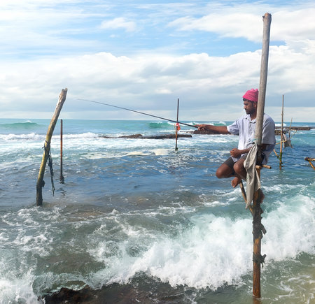 Local fisherman on stick in indian ocean, Sri lankaの写真素材