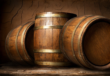 Old wooden barrels in cellar with clay wallの写真素材