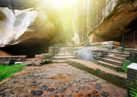Stairs and rocks in ruined palace on Sigiriya, Sri Lankaの写真素材