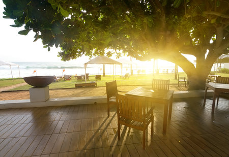 Cafe near ocean in the sunny morningの写真素材