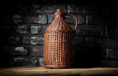 Wicker bottle on wooden table near brick wallの写真素材