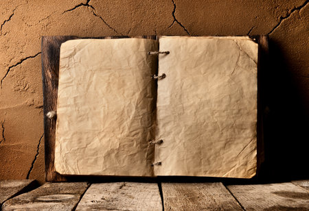 Opened old book on table near clay wall