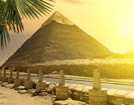Pyramid of Khafre near road in bright sunlightの写真素材