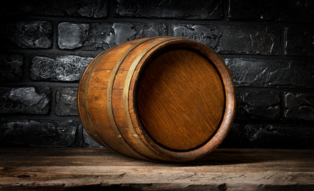 Brick wall and wooden barrel in cellarの写真素材