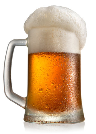 Frosty beer in glass mug isolated on a white backgroundの写真素材