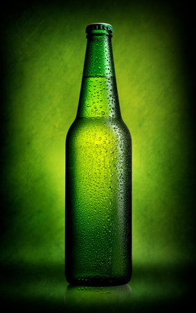 Delicious beer in bottle on green backgroundの写真素材