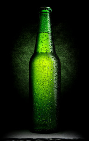 Bottle of green beer on a black backgroundの写真素材