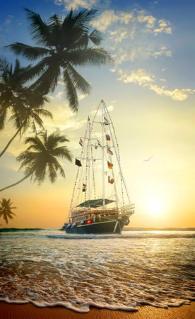 Beautiful ship in ocean near coast with palm treesの写真素材