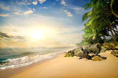 Sunset over beach in Galle, Sri Lankaの写真素材