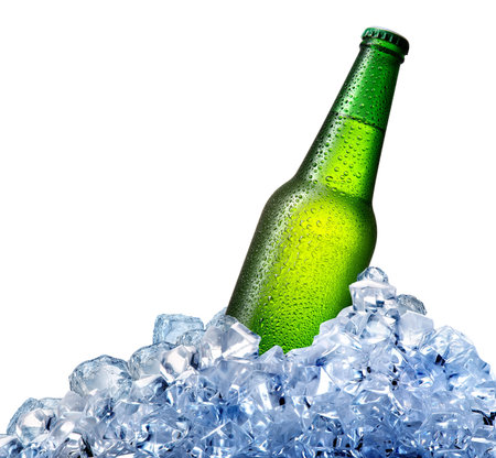 Green beer bottle in ice isolated on whiteの写真素材